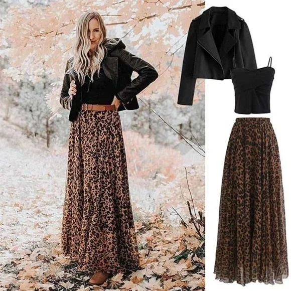 Boutique Satin Leopard Flowy A-Line Maxi Midi Skirt - Picture 4 of 16